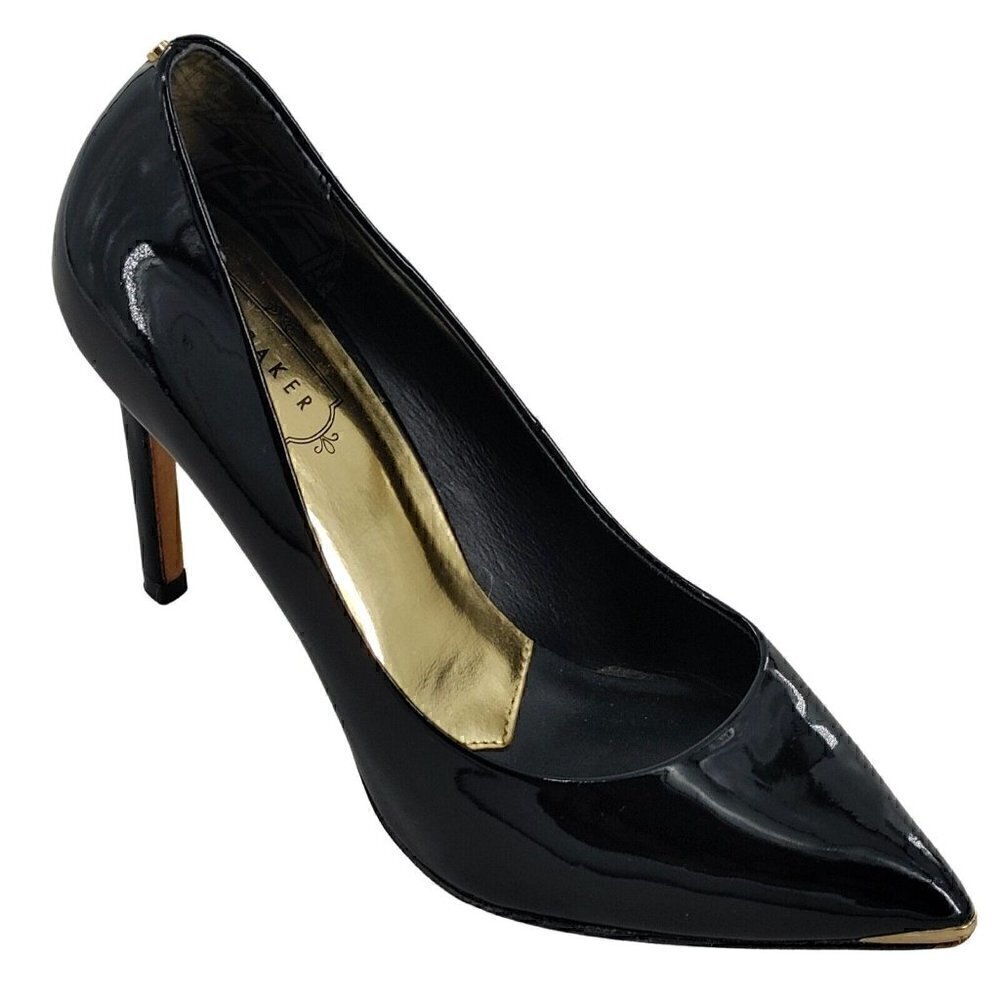 TED BAKER Black Patent Leather Stiletto High Heel Pumps Gold Logo Hardware